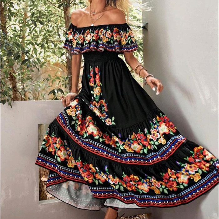 Off the Shoulder Print Lace up Swing Elegant And Pretty Bohemian Street Trendy  Maxi Dress