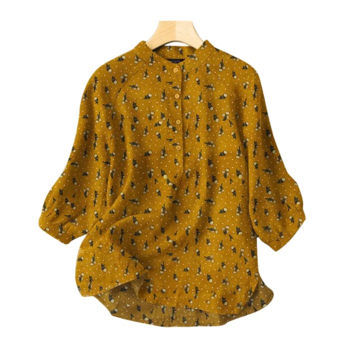 Oversize Cotton Linen Blouse Vintage Leaf Print Button Tops Fashion 3/4 Sleeve Boho Elegant Tunic Shirt
