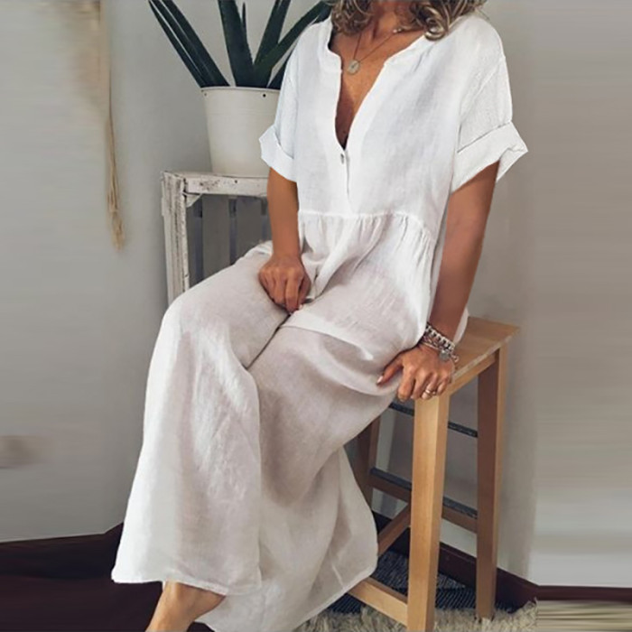 Women's Dress Elegant Solid Color  V-Neck Button Causal Loose Cotton Linen Dresses