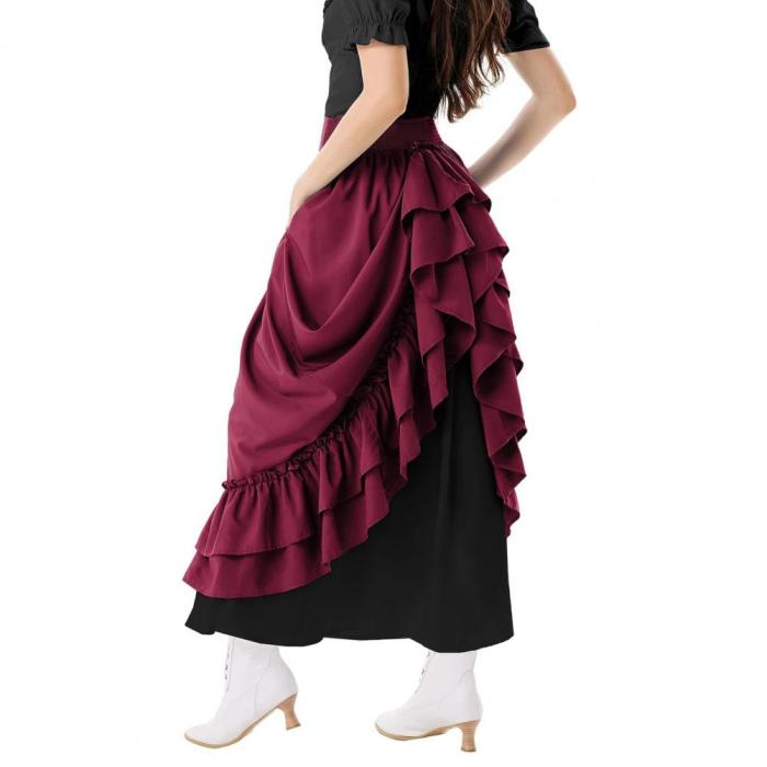 Women Retro Medieval Elastic Lace High Waist Boho Maxi Skirt Casual Drawstring A Line Shirtdresses Backless Vintage Bodycon