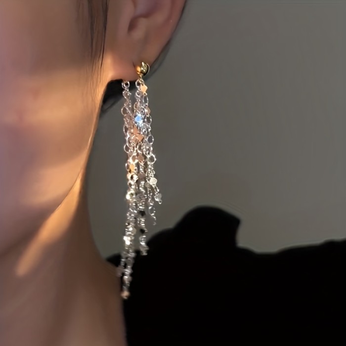 Bling Bling Silvery Chain Tassel Dangle Earrings Stylish Alloy Jewelry Delicate Female Ear Ornaments Evening Party Decor