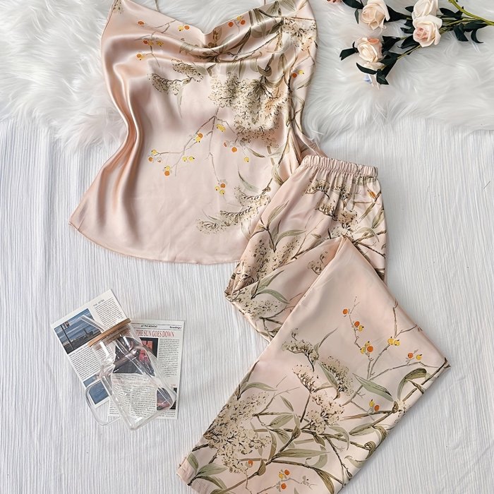Floral Print Pajama Set, Draped Collar Cami Top & Elastic Waistband Pants, Women's Sleepwear & Loungewear