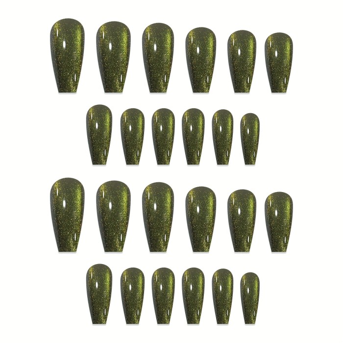 24pcs Shiny Green Reflective Glitter Cat Eye Press On Nails With Chameleon Effect - Glossy Glossy Full Cover Long Ballet False Nails For Women And Girls