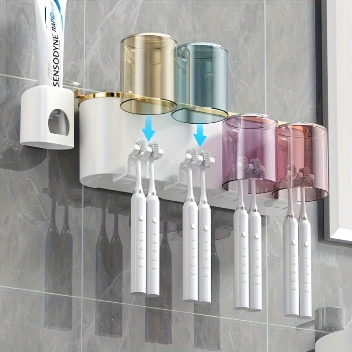 Toothpaste Dispenser With Toothbrush Holder, Wall Mounted Toothbrush Organizer With Gargle Cups, Space-saving Bathroom Rack For Toothbrush And Cups, Bathroom Accessories