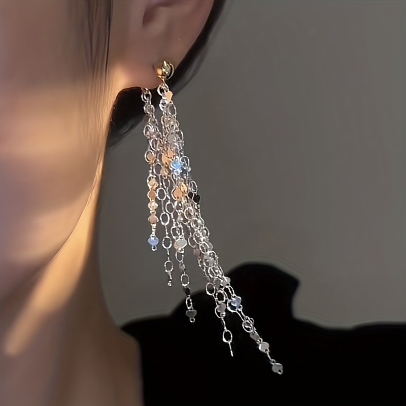 Bling Bling Silvery Chain Tassel Dangle Earrings Stylish Alloy Jewelry Delicate Female Ear Ornaments Evening Party Decor