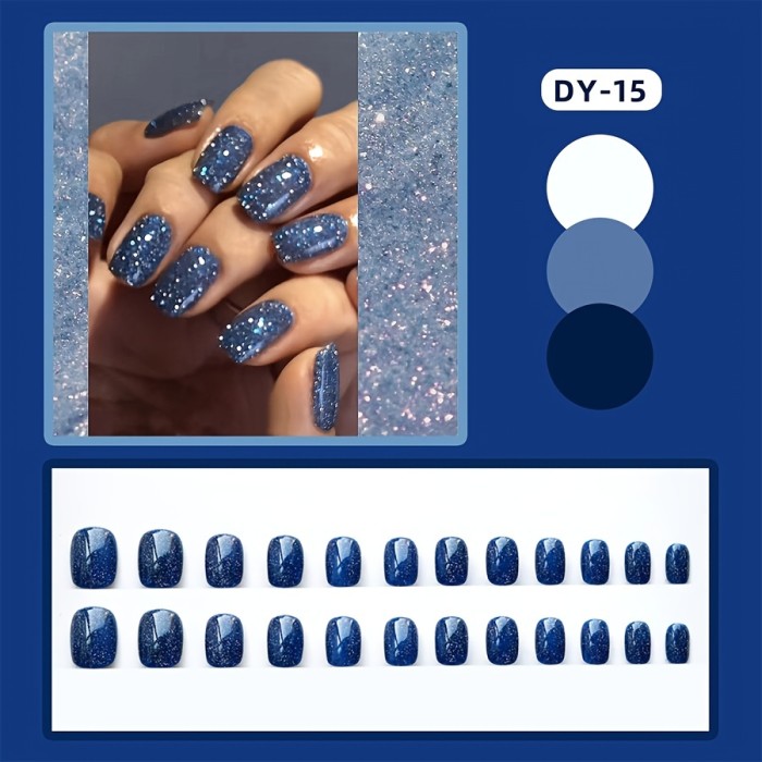 24 pcs Blue Cat Eye Acrylic Nails - Full Coverage Square Short Tips for Women, Girls, and Ladies