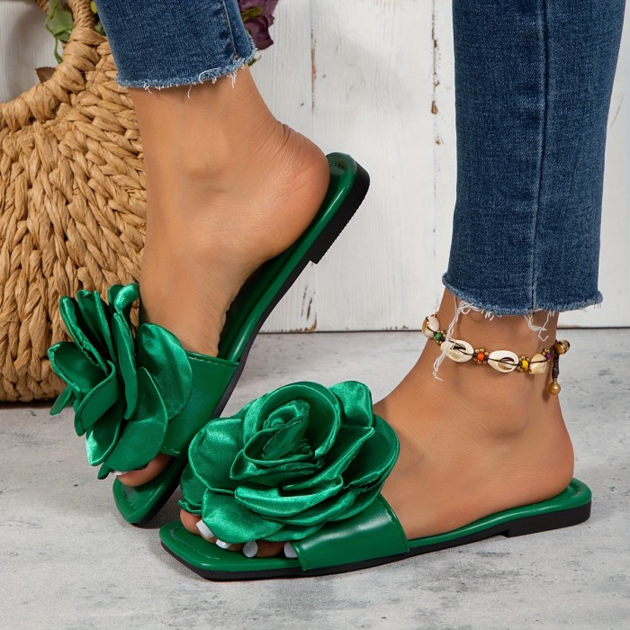 Women's Big Flower Flat Slides, Fashion Square Toe Slip On Shoes, Casual Outdoor Slides