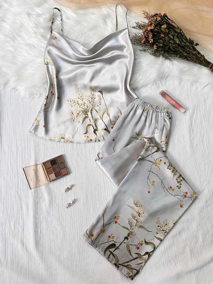 Floral Print Pajama Set, Draped Collar Cami Top & Elastic Waistband Pants, Women's Sleepwear & Loungewear