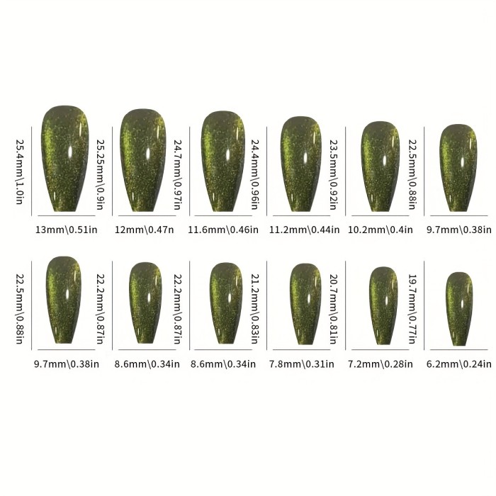 24pcs Shiny Green Reflective Glitter Cat Eye Press On Nails With Chameleon Effect - Glossy Glossy Full Cover Long Ballet False Nails For Women And Girls