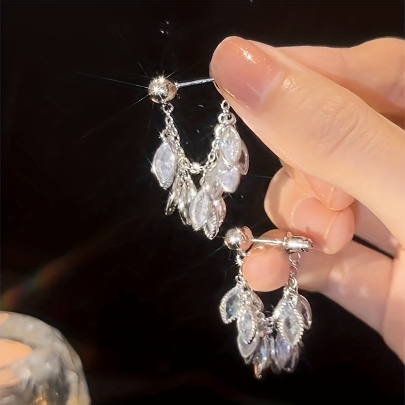 Bling Bling Leaf Tassel Hoop Earrings, Silvery Zircon Inlaid Copper Hypoallergenic Ear Jewelry, Shiny Pendant Earrings For Women