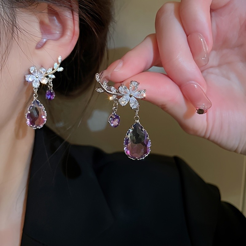 925 Silver Flower Shape Branch Zircon & Waterdrop Zircon Earrings Elegant Jewelry Female Banquet Accessories