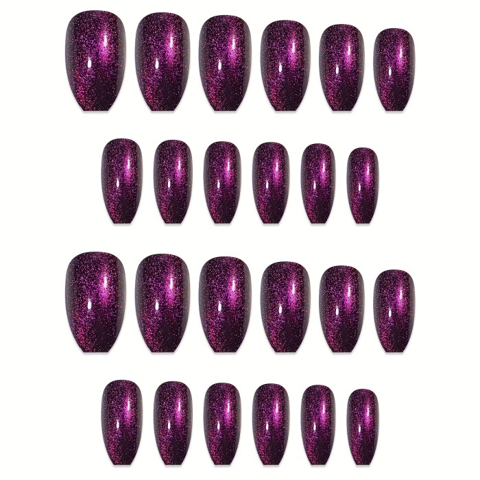 Handmade Reflective Glitter Cat Eye Press On Nails, Medium Coffin Full Cover Purple Fake Nails For Women And Girls