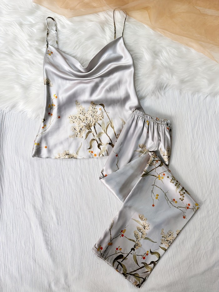 Floral Print Pajama Set, Draped Collar Cami Top & Elastic Waistband Pants, Women's Sleepwear & Loungewear