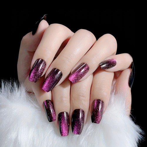 Handmade Reflective Glitter Cat Eye Press On Nails, Medium Coffin Full Cover Purple Fake Nails For Women And Girls