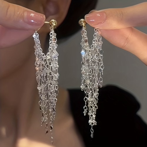 Bling Bling Silvery Chain Tassel Dangle Earrings Stylish Alloy Jewelry Delicate Female Ear Ornaments Evening Party Decor