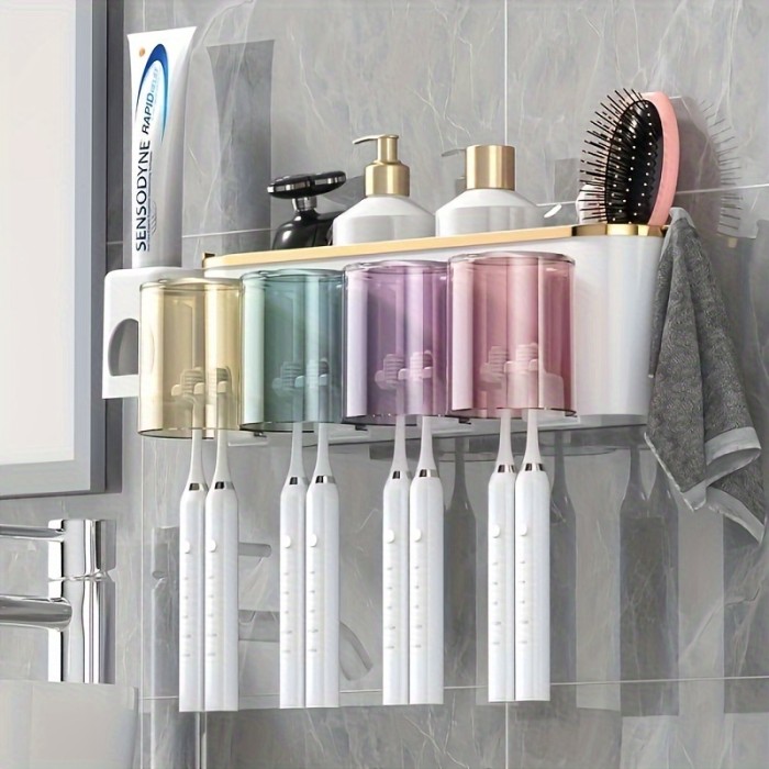 Toothpaste Dispenser With Toothbrush Holder, Wall Mounted Toothbrush Organizer With Gargle Cups, Space-saving Bathroom Rack For Toothbrush And Cups, Bathroom Accessories
