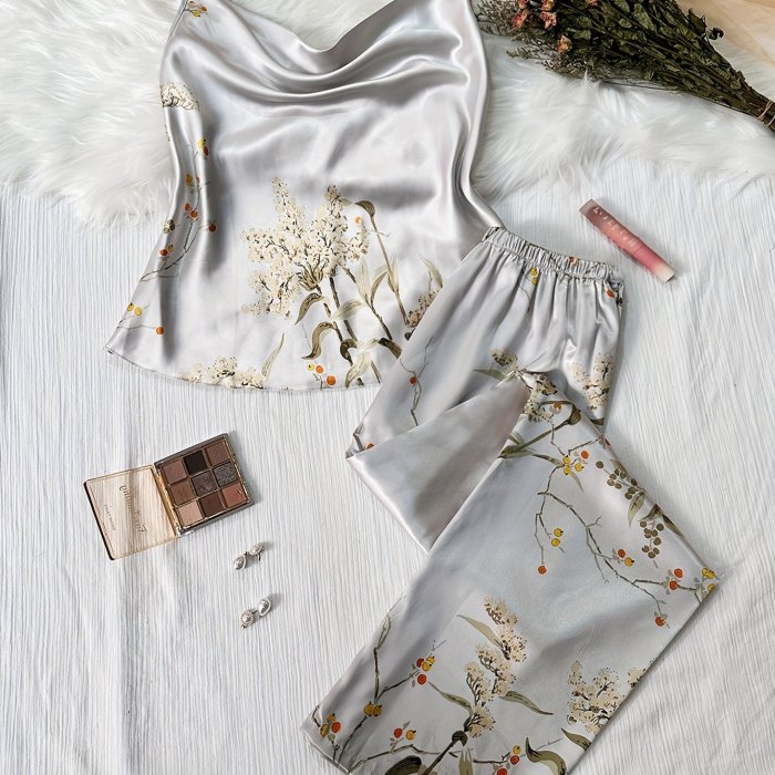 Floral Print Pajama Set, Draped Collar Cami Top & Elastic Waistband Pants, Women's Sleepwear & Loungewear