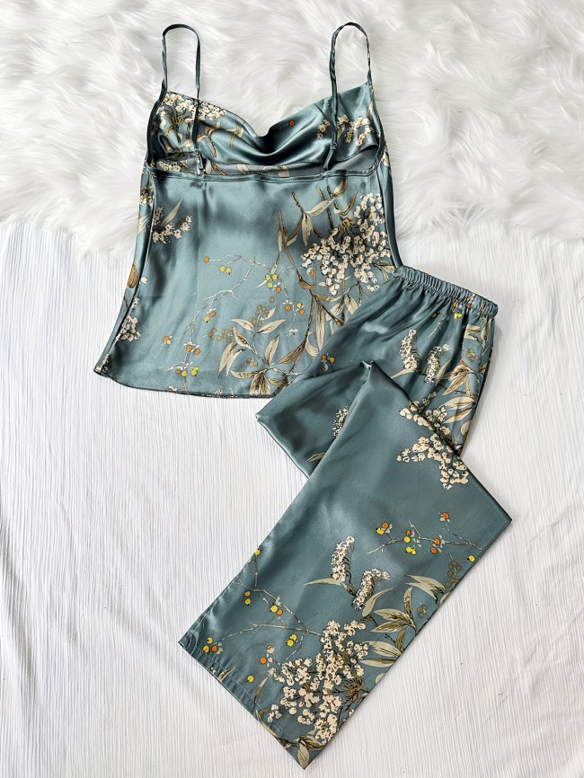 Floral Print Pajama Set, Draped Collar Cami Top & Elastic Waistband Pants, Women's Sleepwear & Loungewear