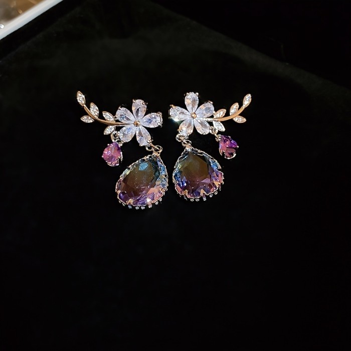 925 Silver Flower Shape Branch Zircon & Waterdrop Zircon Earrings Elegant Jewelry Female Banquet Accessories