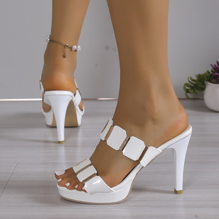 Women's Solid Color Platform Sandals, Slip On Double Bands Casual High Heel Shoes, Versatile Summer Party Slides