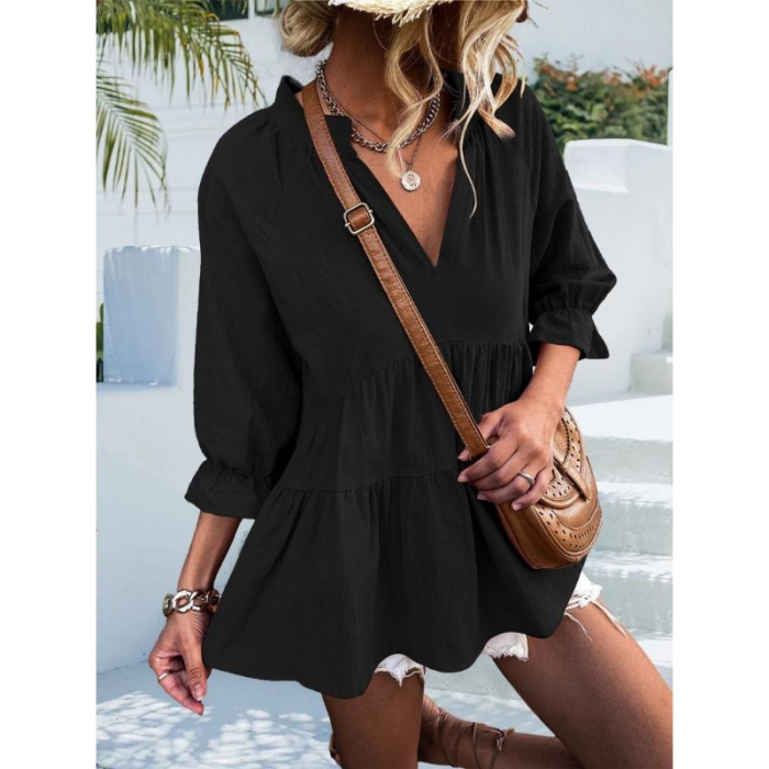 Women's Casual 3/4 Sleeve Henley V-Neck  Up Pleated Back Blouses Cotton coat Tops