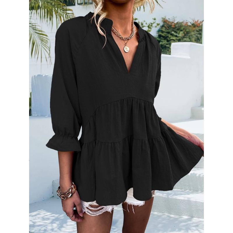 Women's Casual 3/4 Sleeve Henley V-Neck  Up Pleated Back Blouses Cotton coat Tops