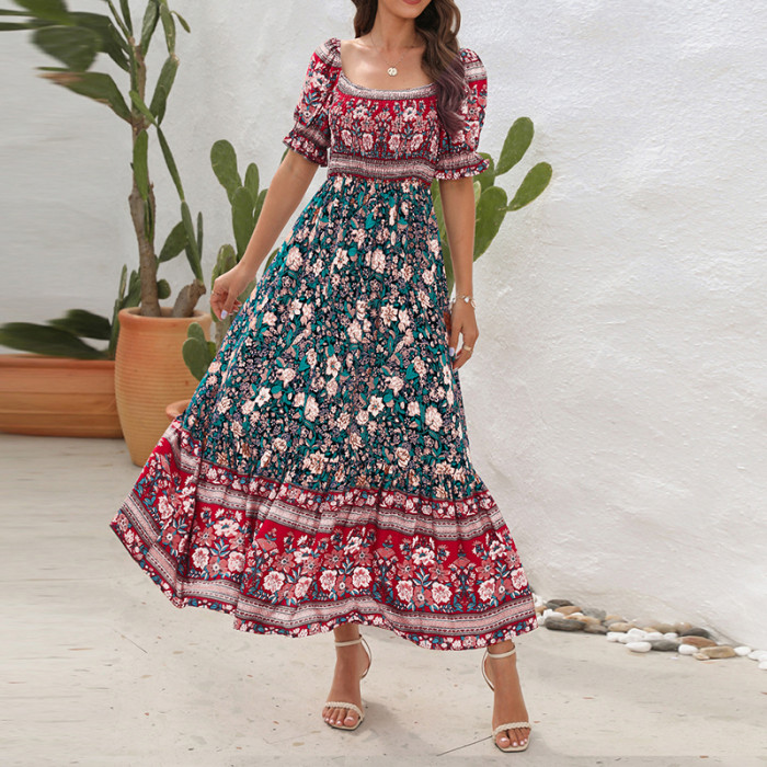 Women's Dresses Bohemian Beach Holiday Skirt One-Shoulder Bubble Sleeve Flower Medium Length Dresses