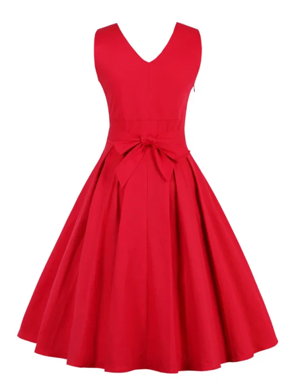 Red Pleated Plain Solid Vintage Wrap V-Neck Belted Elegant Party Retro Cotton Summer Dresses