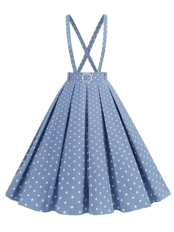 Polka Dot Print Vintage Suspender Skirts for Women Summer Clothes Preppy Style Belted Pleated Midi Skirt