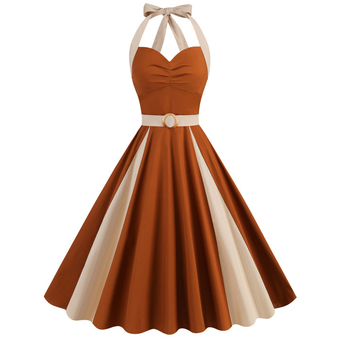 Brown and Beige Patchwork Vintage Cotton Sweetheart Neck High Waist Backless Party Dresses