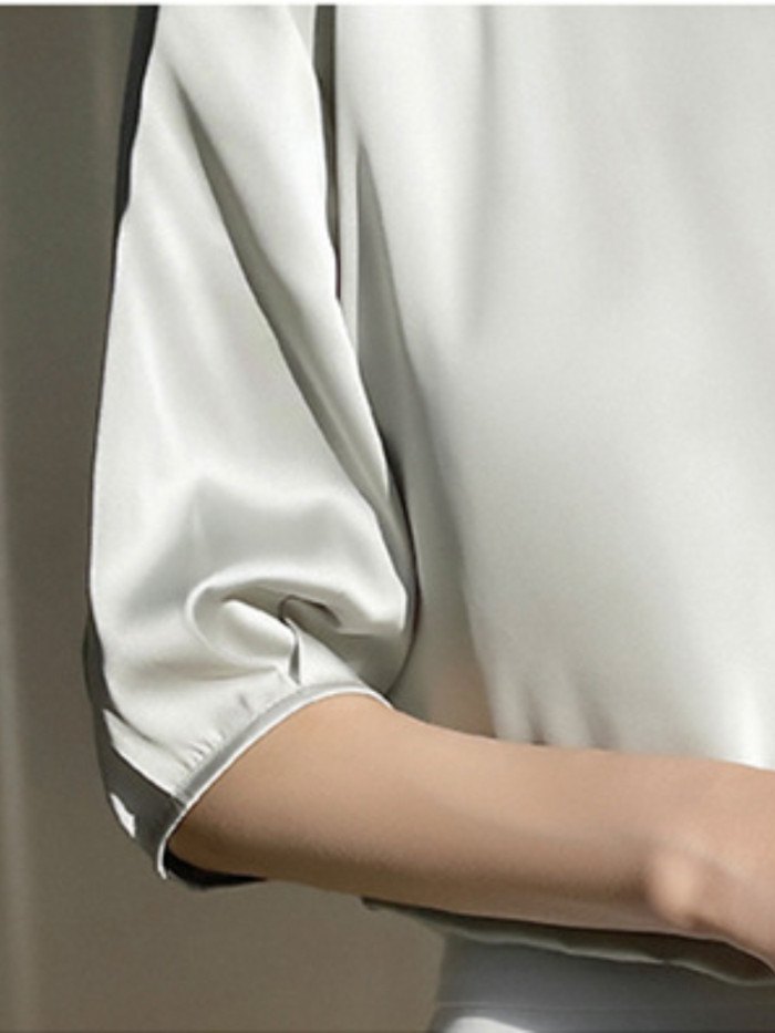 Elegant T-shirt Simple Satin Office SmoothTops Aestetic Mujer Round Neck Oversized Clothing