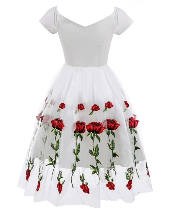 Rose Floral Embroidered V-Neck Elegant Party Pleated Mesh Overlay Vintage  Dresses
