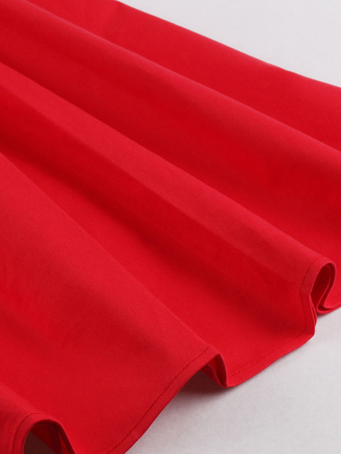 Red Pleated Plain Solid Vintage Wrap V-Neck Belted Elegant Party Retro Cotton Summer Dresses
