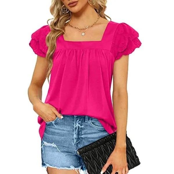 Fashion Women's Top Solid Colour Loose U Neck Double Lace Short Sleeve Female T-Shirt