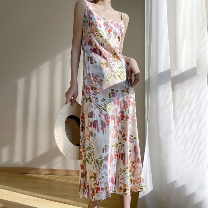 New Silk Satin Painted Suspender Dress Fashion Bottoming Bag Hip Silk  Maxi Dresses