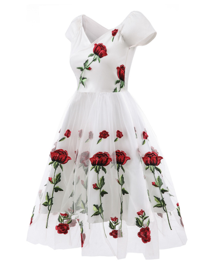 Rose Floral Embroidered V-Neck Elegant Party Pleated Mesh Overlay Vintage  Dresses