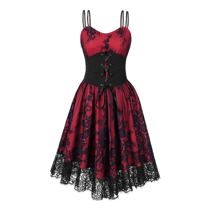 Lace Overlay Red Bustier High Waist  1950 Vintage Dresses Evening Cocktail Cosplay Dress