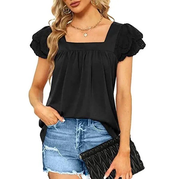 Fashion Women's Top Solid Colour Loose U Neck Double Lace Short Sleeve Female T-Shirt