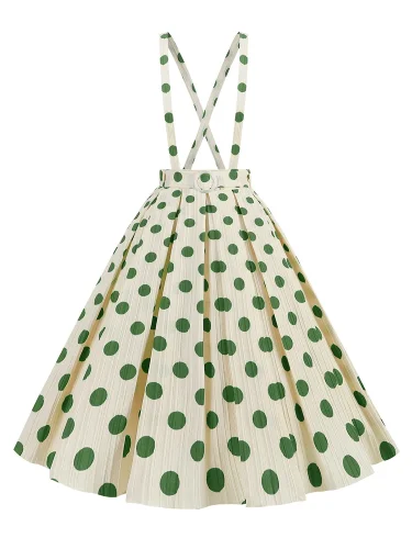 Polka Dot Print Vintage Suspender Skirts for Women Summer Clothes Preppy Style Belted Pleated Midi Skirt