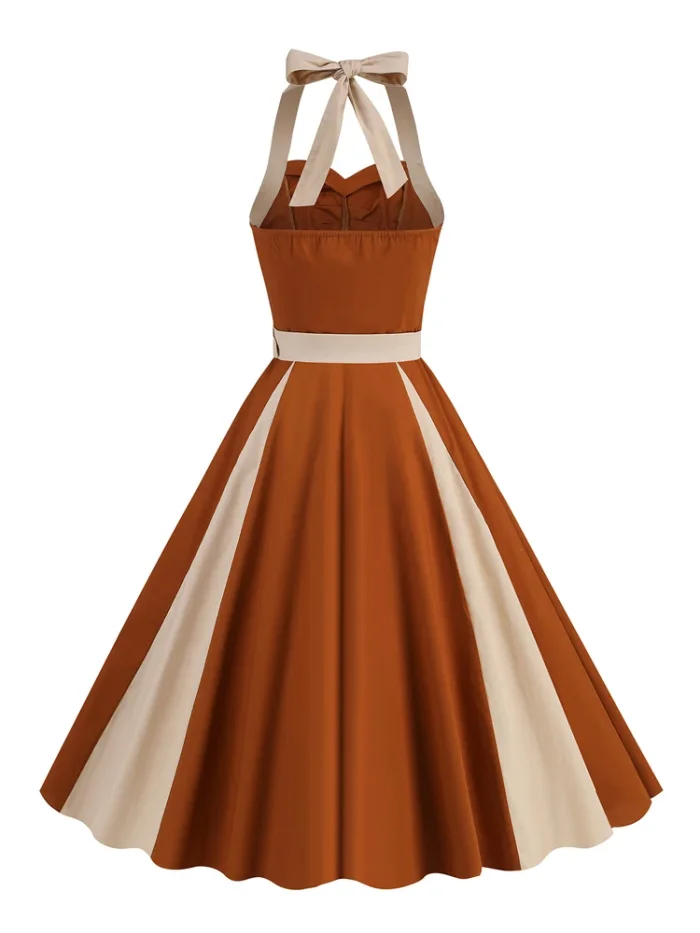 Brown and Beige Patchwork Vintage Cotton Sweetheart Neck High Waist Backless Party Dresses