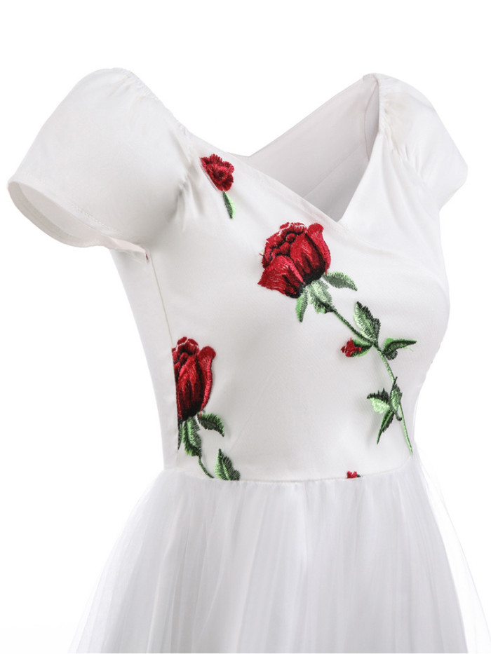 Rose Floral Embroidered V-Neck Elegant Party Pleated Mesh Overlay Vintage  Dresses