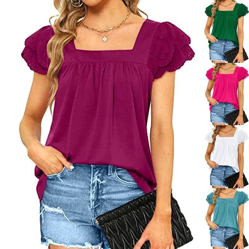 Fashion Women's Top Solid Colour Loose U Neck Double Lace Short Sleeve Female T-Shirt