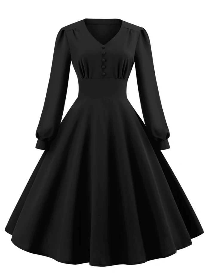 Button Front V-Neck Long Bishop Sleeve Vintage Elegant Solid High Waist Swing Dresses