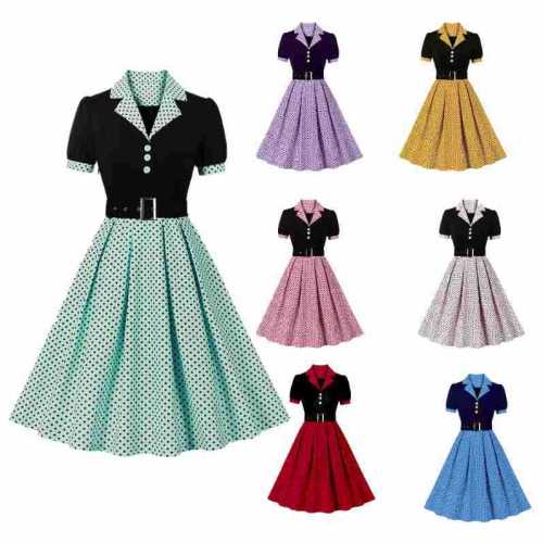 Vintage Cocktail Party Swing Costume 1950s Polka Dot Dress with Pockets Casual Loose Dress
