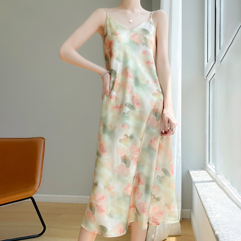 New Silk Satin Painted Suspender Dress Fashion Bottoming Bag Hip Silk  Maxi Dresses