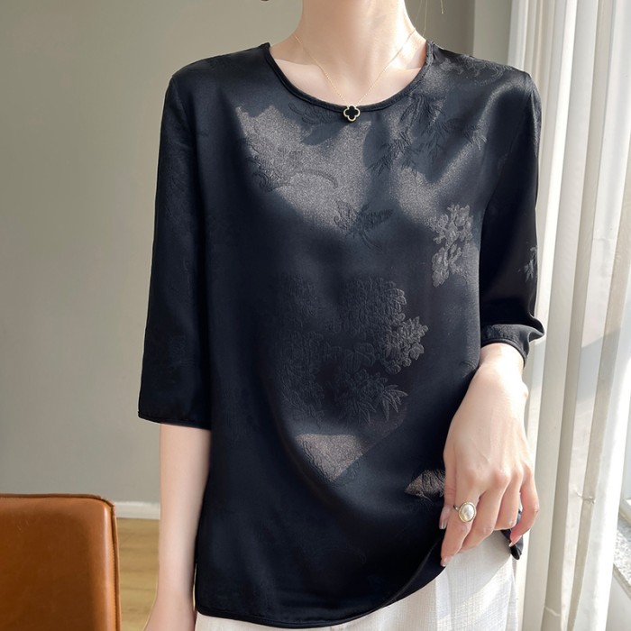 Women's Ethnic Summer Silk Jacquard Embossed Blouse Loose Solid Color Top