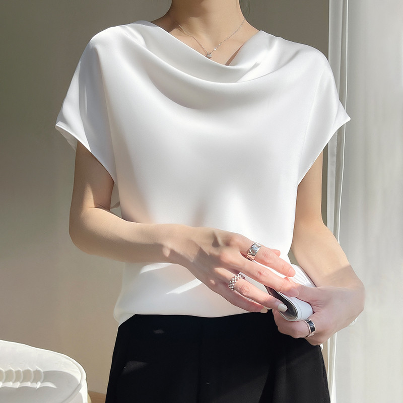 Silk Women's Crew Neck Tees Casual Solid Color Bottom T-Shirt Loose Female Tops