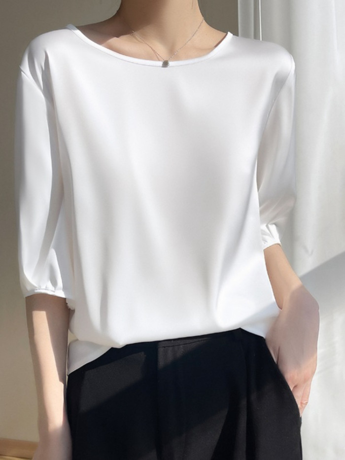 Elegant T-shirt Simple Satin Office SmoothTops Aestetic Mujer Round Neck Oversized Clothing