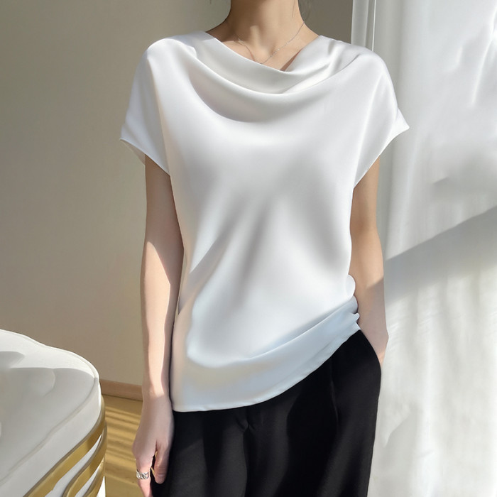 Silk Women's Crew Neck Tees Casual Solid Color Bottom T-Shirt Loose Female Tops