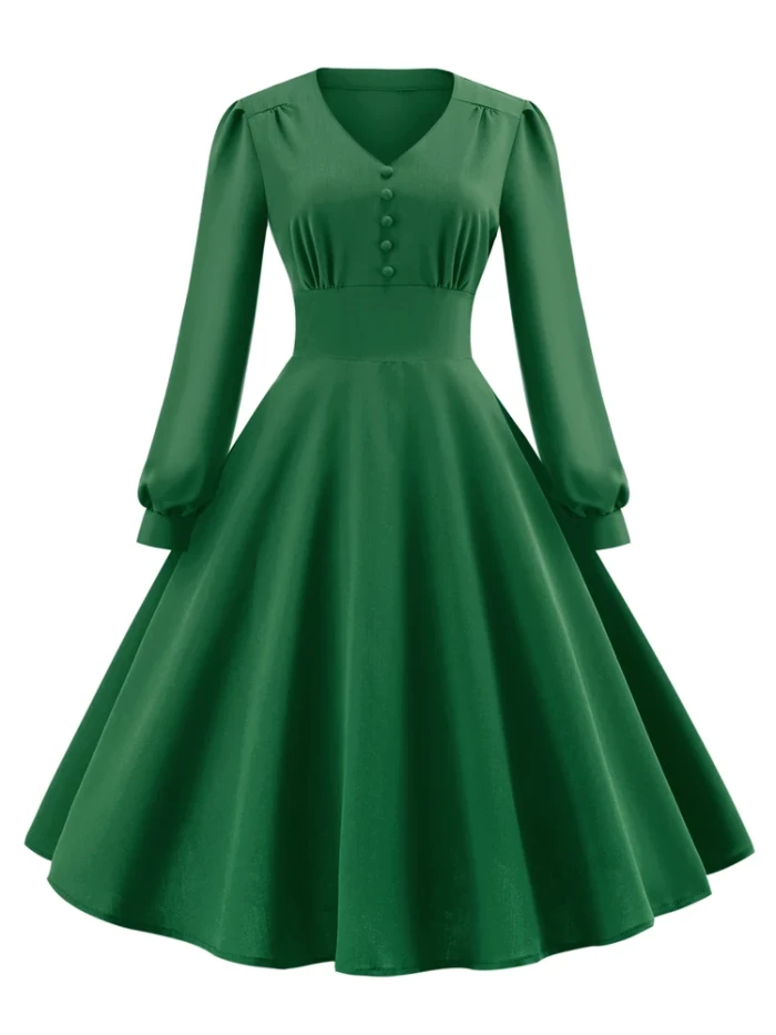 Button Front V-Neck Long Bishop Sleeve Vintage Elegant Solid High Waist Swing Dresses